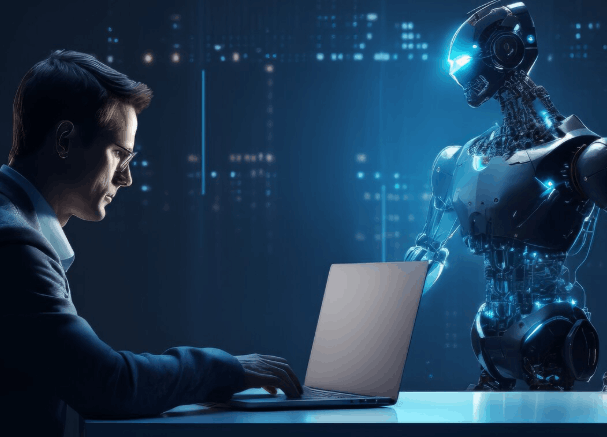 Person searching on a laptop about an AI course