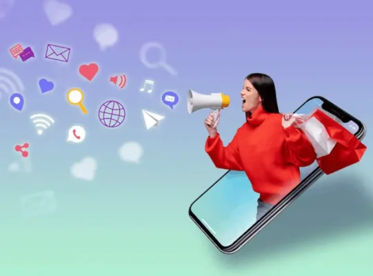 Women shouting on a speaker to discuss how and what social media marketing is