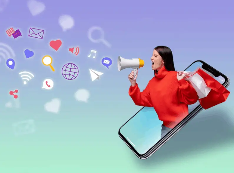Women shouting on a speaker to discuss how and what social media marketing is