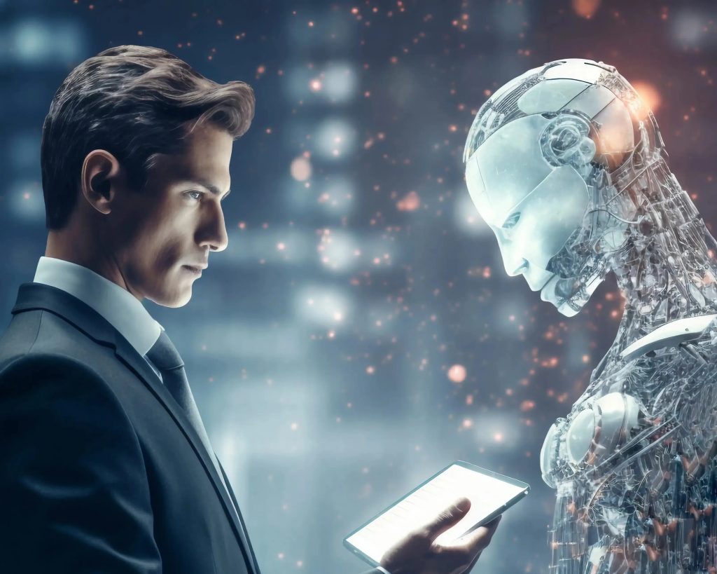A person holding a phone and an ai person looking at it