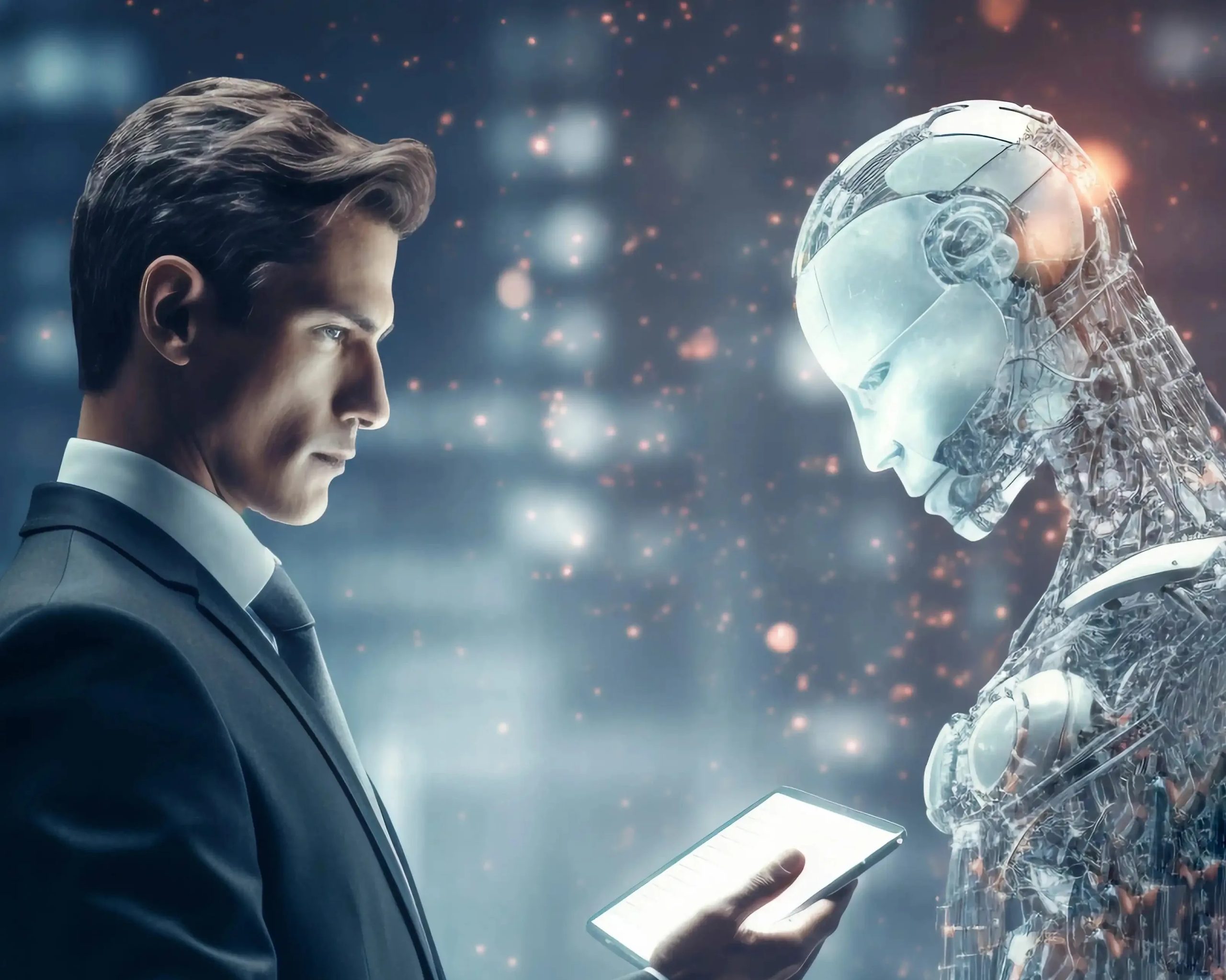 A person holding a phone and an ai person looking at it
